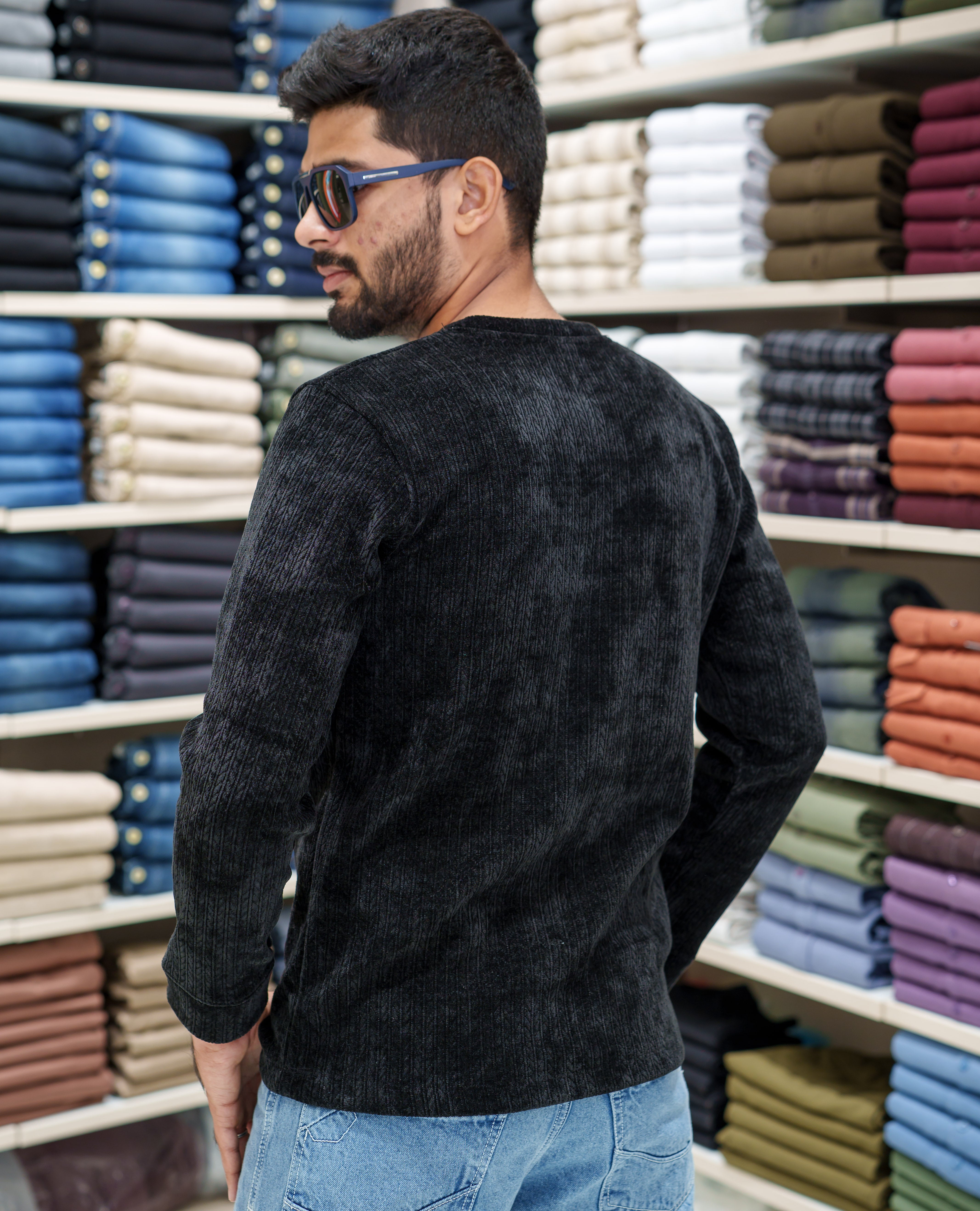 Black Corduroy T-Shirt, Comes with Geometric Textures, a Crew-Neck, Full Sleeves, Slim Fit, and Regular Length