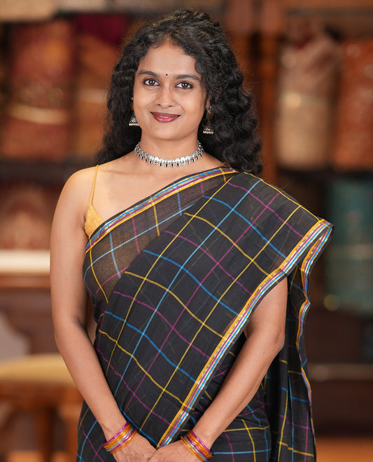 Black Khadi Mul Cotton Saree