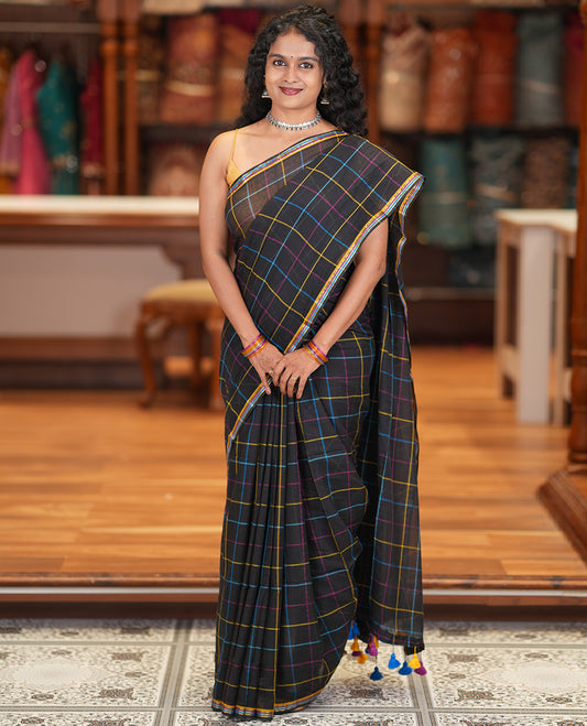 Black Khadi Mul Cotton Saree