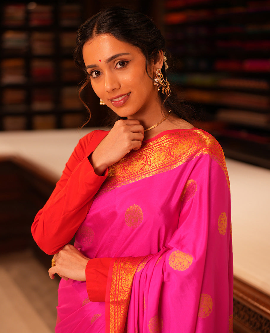 Rani Pink Elephant Buttas Fancy Mysore Silk Saree, Contrast Elephant Border, Contrast Blouse