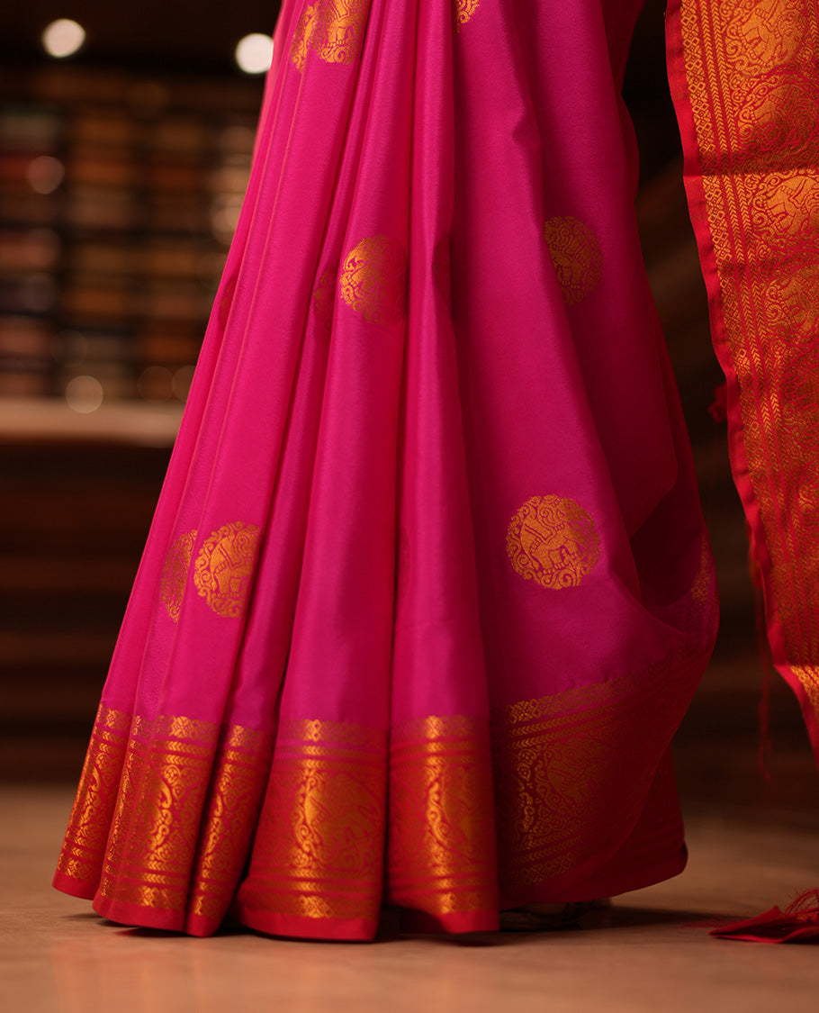 Rani Pink Elephant Buttas Fancy Mysore Silk Saree, Contrast Elephant Border, Contrast Blouse