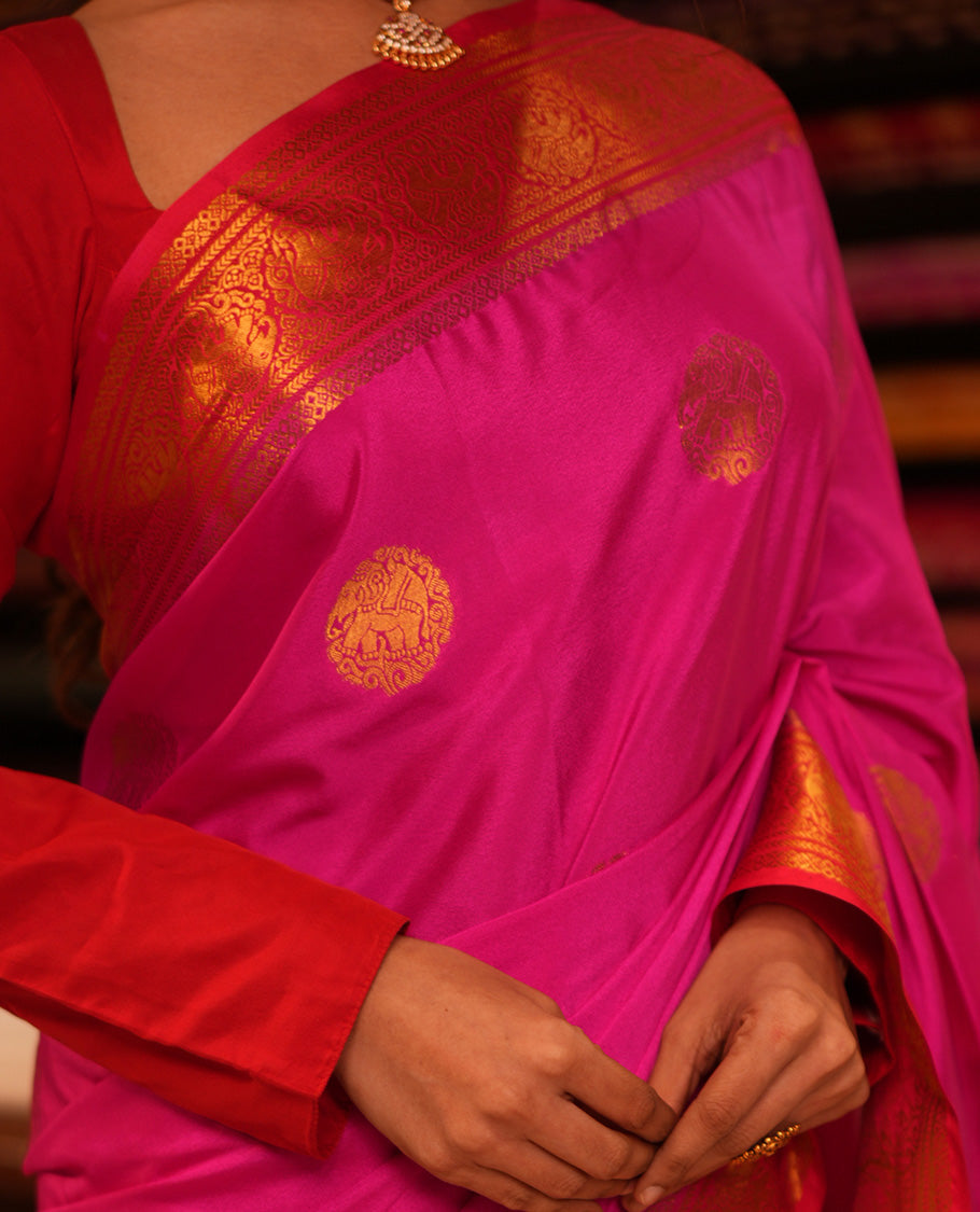 Rani Pink Elephant Buttas Fancy Mysore Silk Saree, Contrast Elephant Border, Contrast Blouse