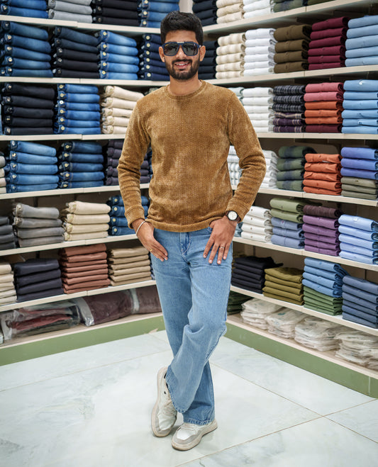 Brown Corduroy T-Shirt, Comes with Geometric Textures, a Crew-Neck, Full Sleeves, Slim Fit, and Regular Length