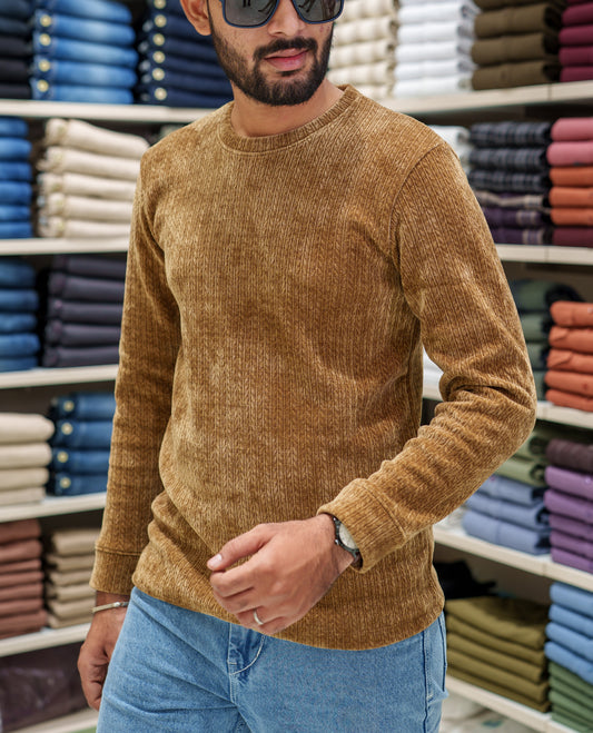 Brown Corduroy T-Shirt, Comes with Geometric Textures, a Crew-Neck, Full Sleeves, Slim Fit, and Regular Length