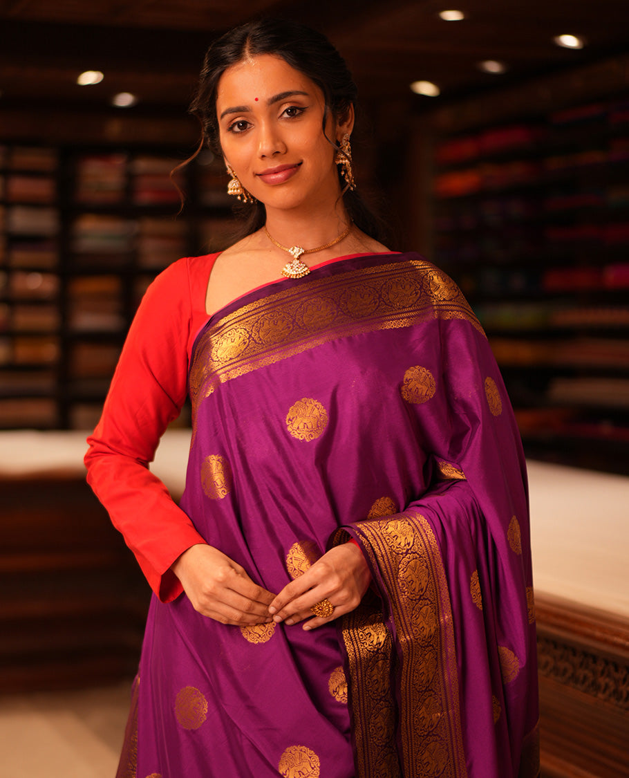Vadamalli Elephant Buttas Fancy Mysore Silk Saree, Contrast Elephant Border, Contrast Blouse