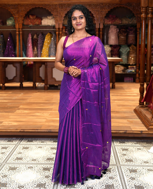 Borderless violet mirror work khadi tissue saree, mirror work pallu, and a matching blouse