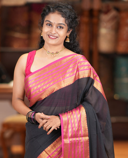 Black Plain Khadi Mul Cotton Saree