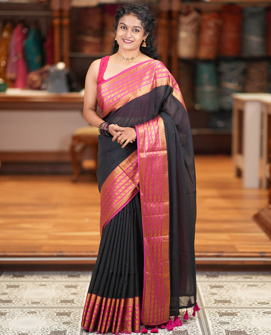 Black Plain Khadi Mul Cotton Saree