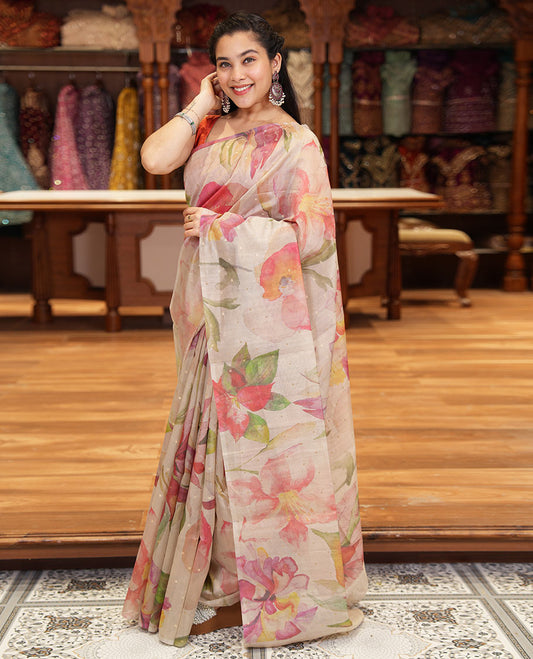 Borderless chikku-base colorful floral printed with buttas fancy tussar saree with a matching printed and zari work blouse