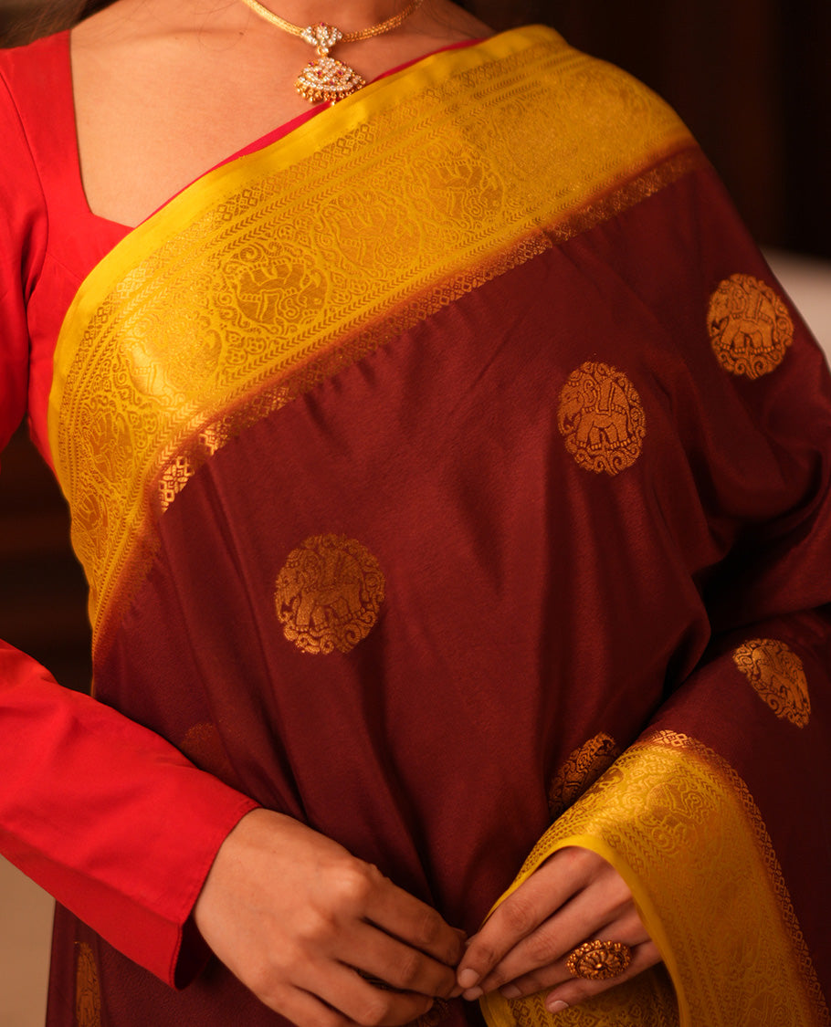 Coffee Brown Elephant Buttas Fancy Mysore Silk Saree, Contrast Elephant Border, Contrast Blouse