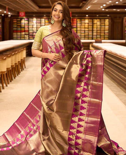 Purple zari jacquard kancheepuram silk saree, zari border of thazampoo rekku, yaanai & bentex & pallu of seeppu rekku