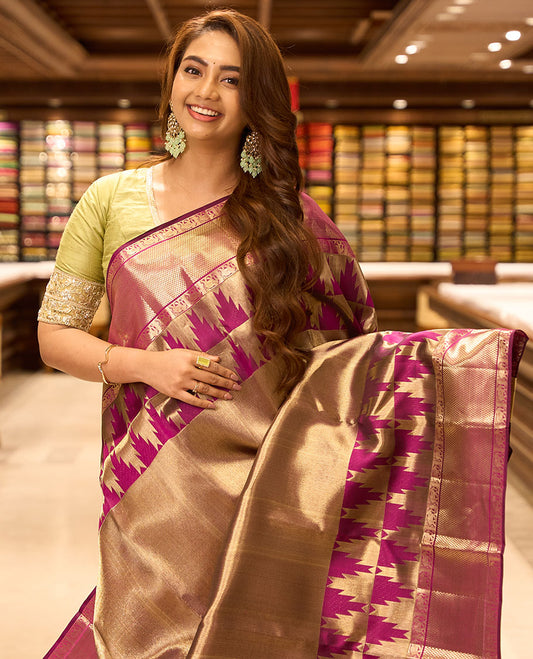 Purple zari jacquard kancheepuram silk saree, zari border of thazampoo rekku, yaanai & bentex & pallu of seeppu rekku