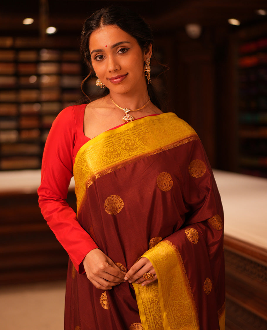 Coffee Brown Elephant Buttas Fancy Mysore Silk Saree, Contrast Elephant Border, Contrast Blouse