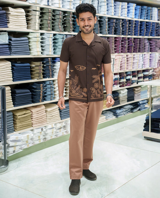 Brown Cotton-Blended Casual Shirt Comes with a Tropical Floral Embroidery, a Cuban Collar Neck, Half Sleeves, a Regular Fit, and Regular Length