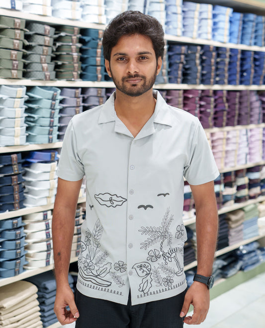 Grey Cotton-Blended Casual Shirt Comes with a Tropical Floral Embroidery, a Cuban Collar Neck, Half Sleeves, a Regular Fit, and Regular Length