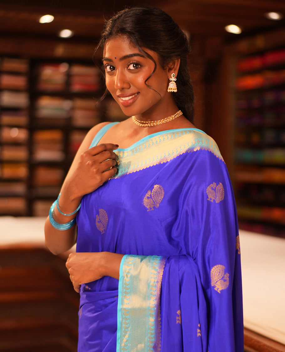 M.s Blue Peacock Buttas Fancy Mysore Silk Saree, Contrast Traditional Border, Contrast Blouse