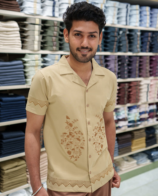 Cream Cotton-Blended Casual Shirt Comes with a Floral Embroidery, a Cuban Collar Neck, Half Sleeves, a Regular Fit, and Regular Length