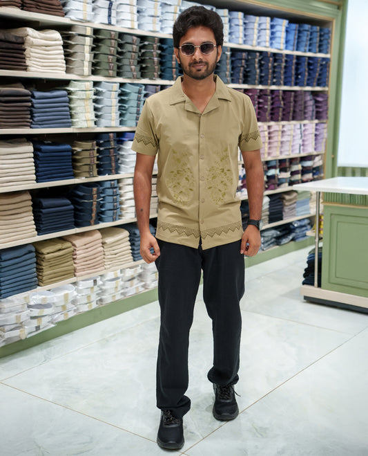 Beige Cotton-Blended Casual Shirt Comes with a Floral Embroidery, a Cuban Collar Neck, Half Sleeves, a Regular Fit, and Regular Length