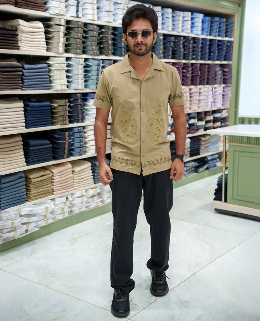Beige Cotton-Blended Casual Shirt Comes with a Floral Embroidery, a Cuban Collar Neck, Half Sleeves, a Regular Fit, and Regular Length
