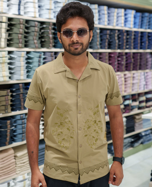 Beige Cotton-Blended Casual Shirt Comes with a Floral Embroidery, a Cuban Collar Neck, Half Sleeves, a Regular Fit, and Regular Length