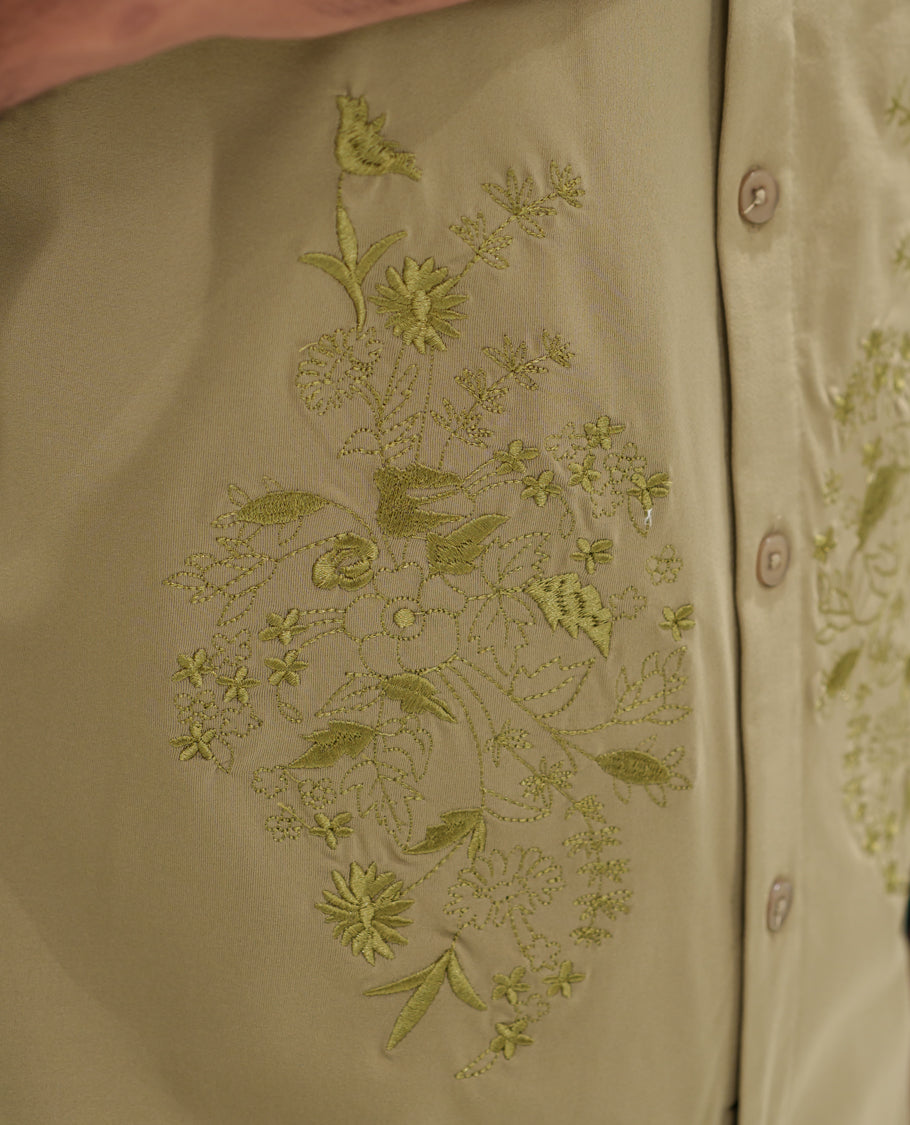Beige Cotton-Blended Casual Shirt Comes with a Floral Embroidery, a Cuban Collar Neck, Half Sleeves, a Regular Fit, and Regular Length