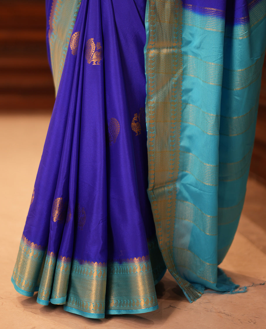 M.s Blue Peacock Buttas Fancy Mysore Silk Saree, Contrast Traditional Border, Contrast Blouse