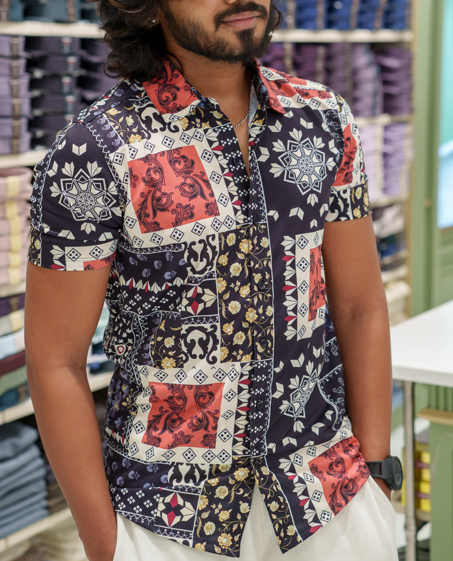 Multi-color Cotton-Blended Casual Shirt Comes with Intricate Print, Spread Collar, Half Sleeves, Regular Fit, and Regular Length