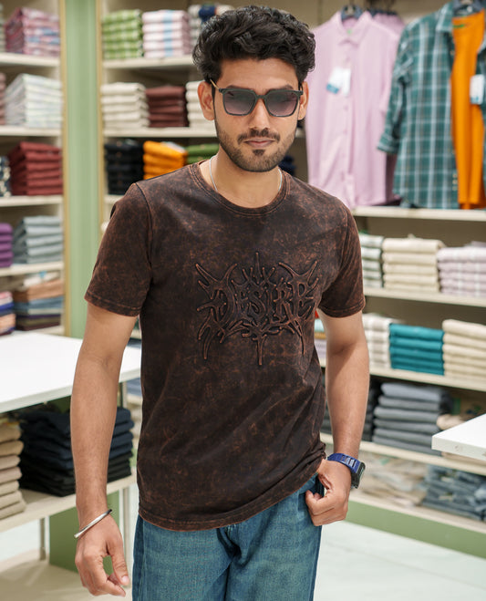 Black Cotton-Blended Acid-Washed Oversized T-Shirt Comes with a Typographic-Embossed, a Crew Neck, Half Sleeves, and Regular Length