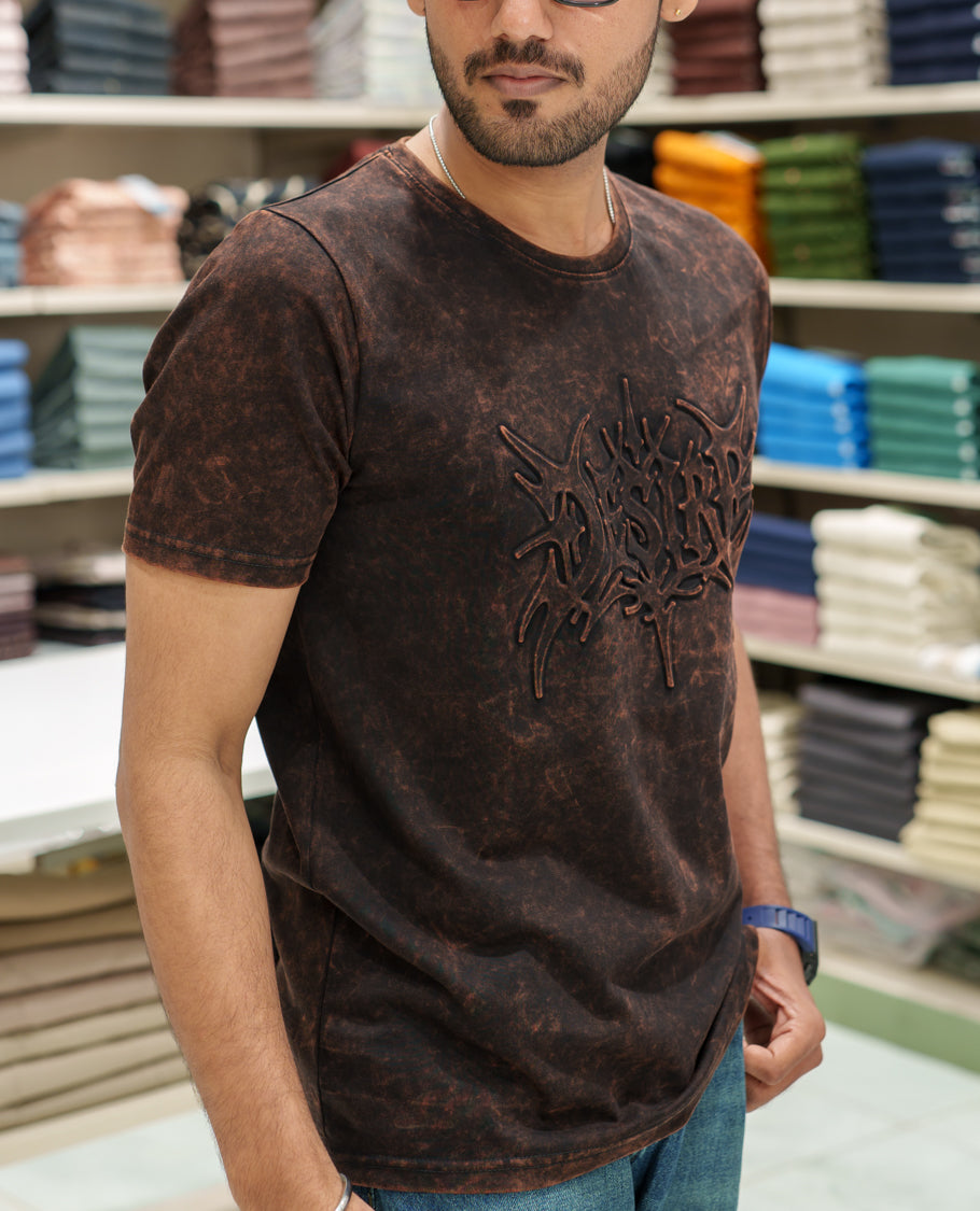 Black Cotton-Blended Acid-Washed Oversized T-Shirt Comes with a Typographic-Embossed, a Crew Neck, Half Sleeves, and Regular Length
