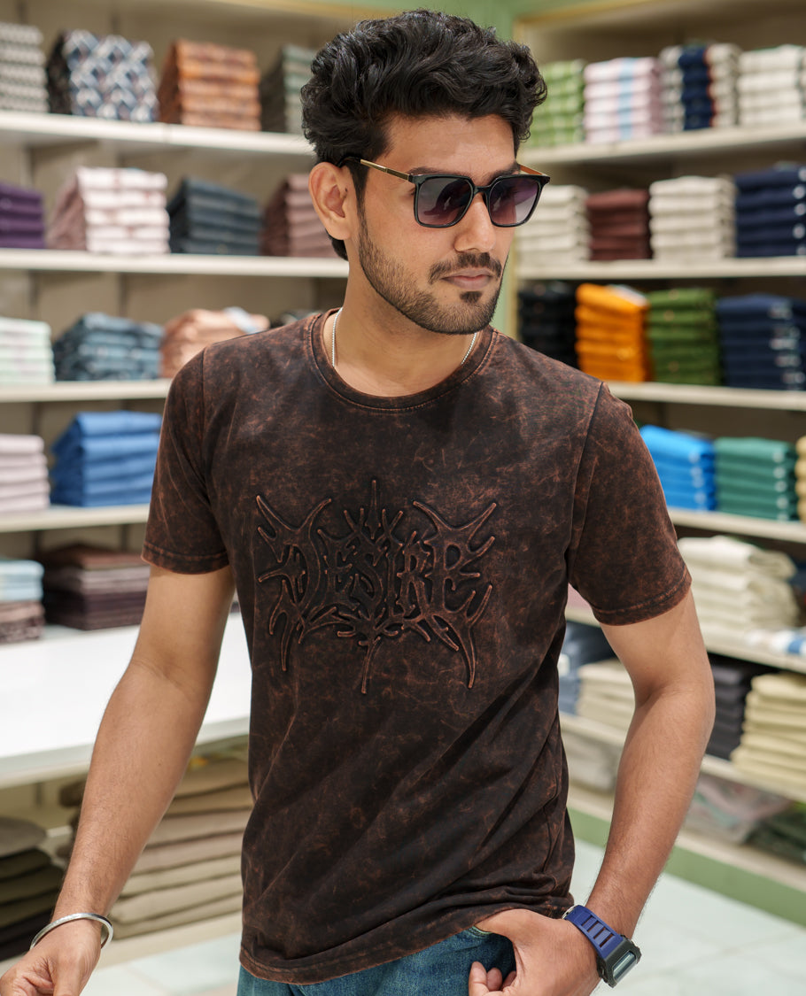 Black Cotton-Blended Acid-Washed Oversized T-Shirt Comes with a Typographic-Embossed, a Crew Neck, Half Sleeves, and Regular Length