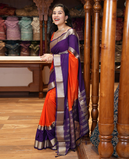 Orange plain fancy Mysore silk saree, contrast rettai-pettu traditional zari border of peacock and paisleys, zari striped pallu, and a contrast zari design blouse