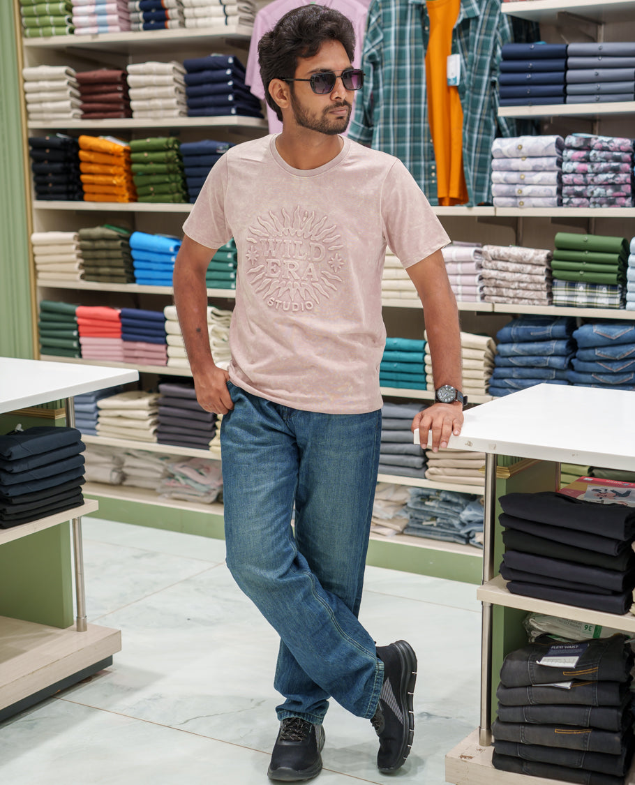 Pink Cotton-Blended Acid-Washed Oversized T-Shirt Comes with a Typographic-Embossed, a Crew Neck, Half Sleeves, and Regular Length