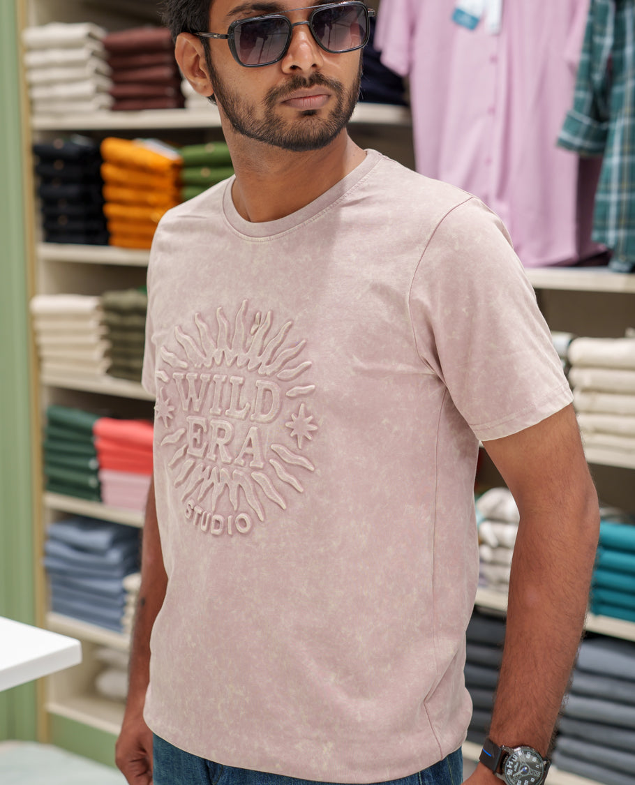Pink Cotton-Blended Acid-Washed Oversized T-Shirt Comes with a Typographic-Embossed, a Crew Neck, Half Sleeves, and Regular Length