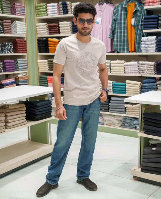 Beige Cotton-Blended Acid-Washed Oversized T-Shirt Comes with a Typographic-Embossed, a Crew Neck, Half Sleeves, and Regular Length