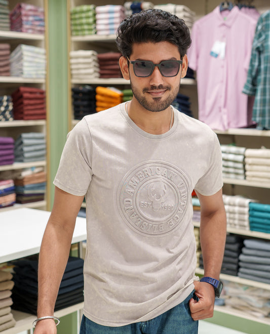 Beige Cotton-Blended Acid-Washed Oversized T-Shirt Comes with a Typographic-Embossed, a Crew Neck, Half Sleeves, and Regular Length