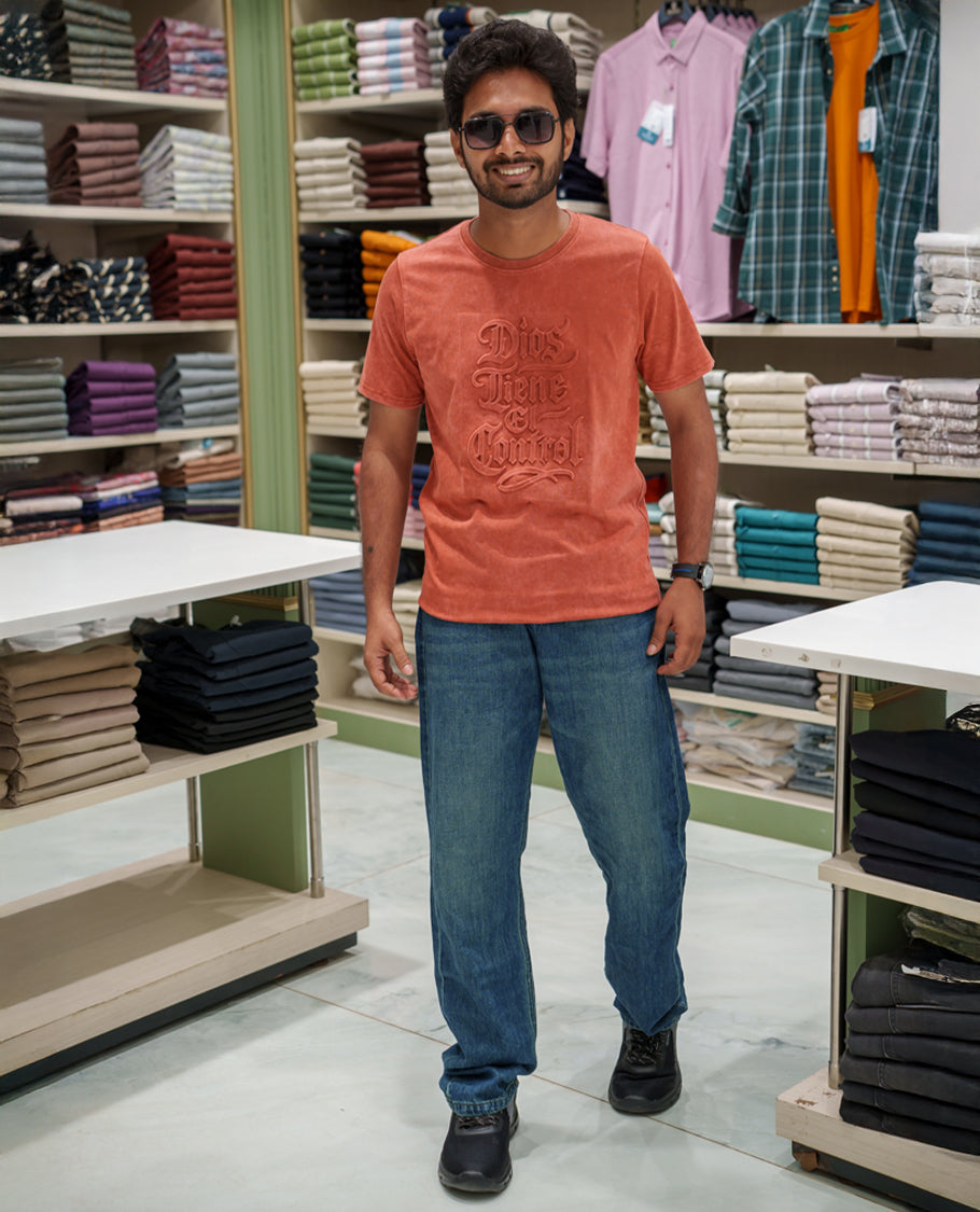 Red Cotton-Blended Acid-Washed Oversized T-Shirt Comes with a Typographic-Embossed, a Crew Neck, Half Sleeves, and Regular Length