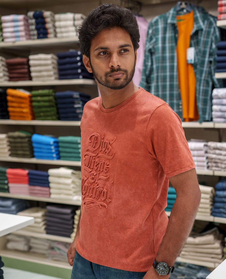 Red Cotton-Blended Acid-Washed Oversized T-Shirt Comes with a Typographic-Embossed, a Crew Neck, Half Sleeves, and Regular Length