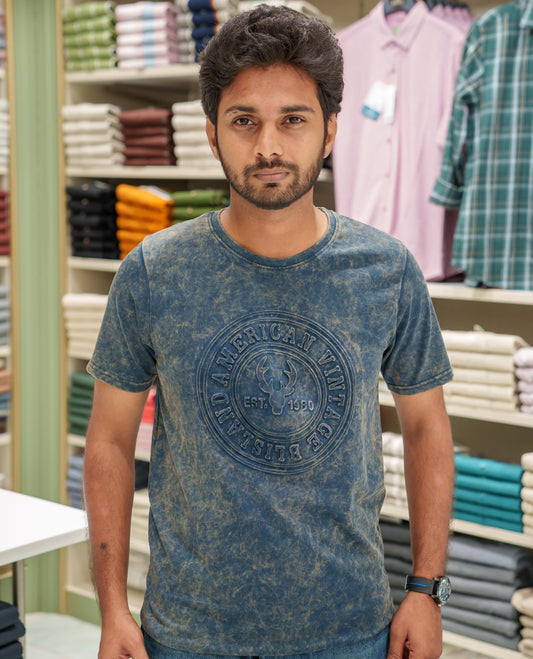 Dark Blue Cotton-Blended Acid-Washed Oversized T-Shirt Comes with a Typographic-Embossed, a Crew Neck, Half Sleeves, and Regular Length