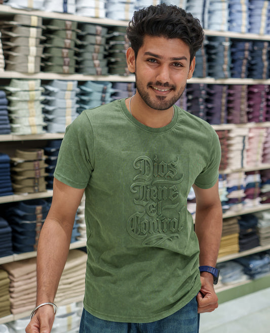 Green Cotton-Blended Acid-Washed Oversized T-Shirt Comes with a Typographic-Embossed, a Crew Neck, Half Sleeves, and Regular Length