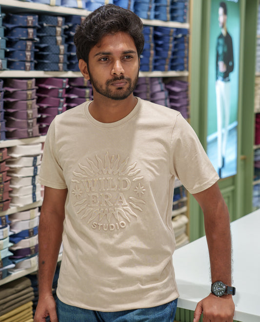 Cream Cotton-Blended Acid-Washed Oversized T-Shirt Comes with a Typographic-Embossed, a Crew Neck, Half Sleeves, and Regular Length