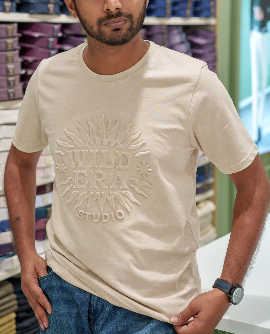Cream Cotton-Blended Acid-Washed Oversized T-Shirt Comes with a Typographic-Embossed, a Crew Neck, Half Sleeves, and Regular Length