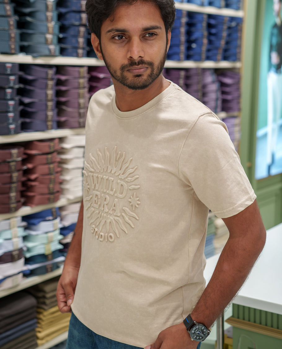 Cream Cotton-Blended Acid-Washed Oversized T-Shirt Comes with a Typographic-Embossed, a Crew Neck, Half Sleeves, and Regular Length