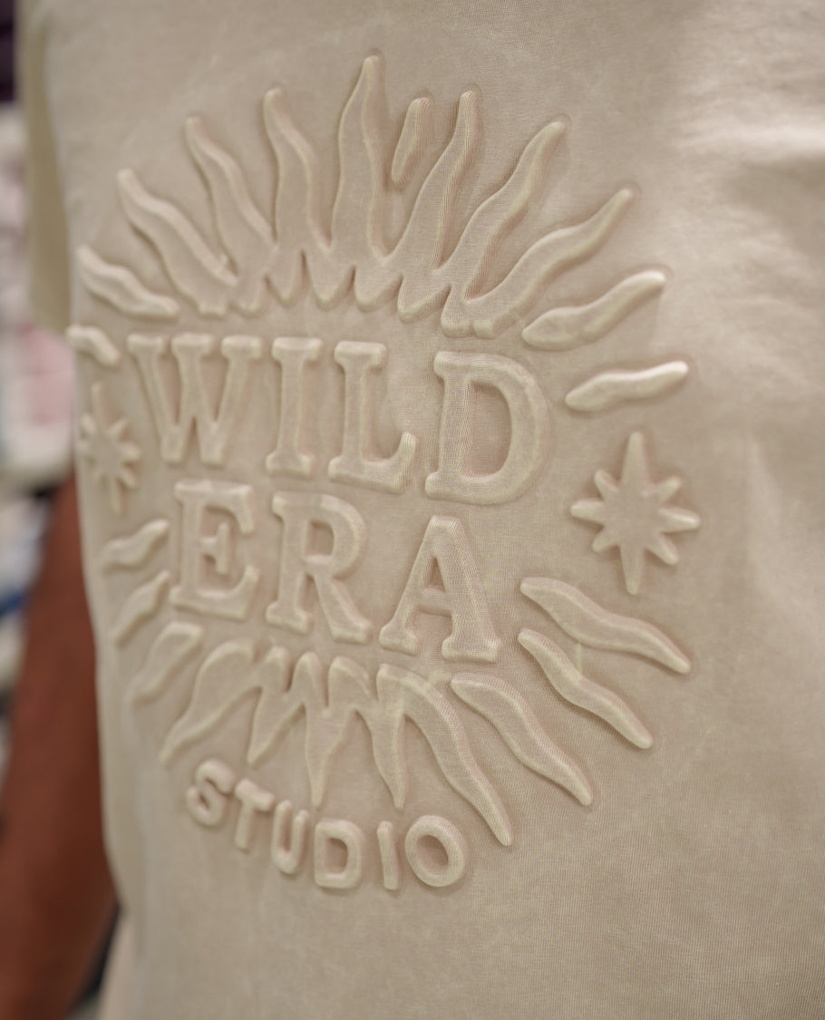 Cream Cotton-Blended Acid-Washed Oversized T-Shirt Comes with a Typographic-Embossed, a Crew Neck, Half Sleeves, and Regular Length