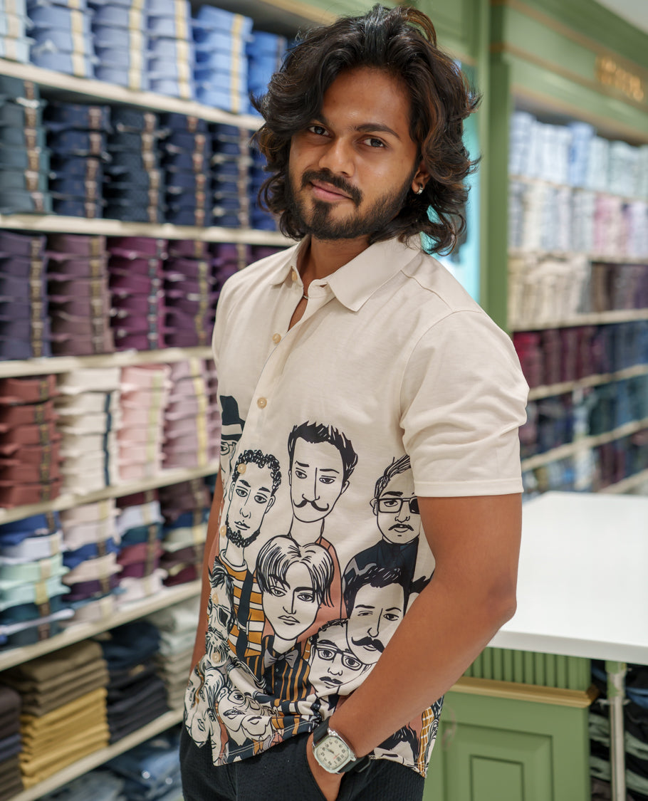 White Cotton-Blended Casual Shirt Comes with Human Figurines Print, Spread Collar, Half Sleeves, Regular Fit, and Regular Length