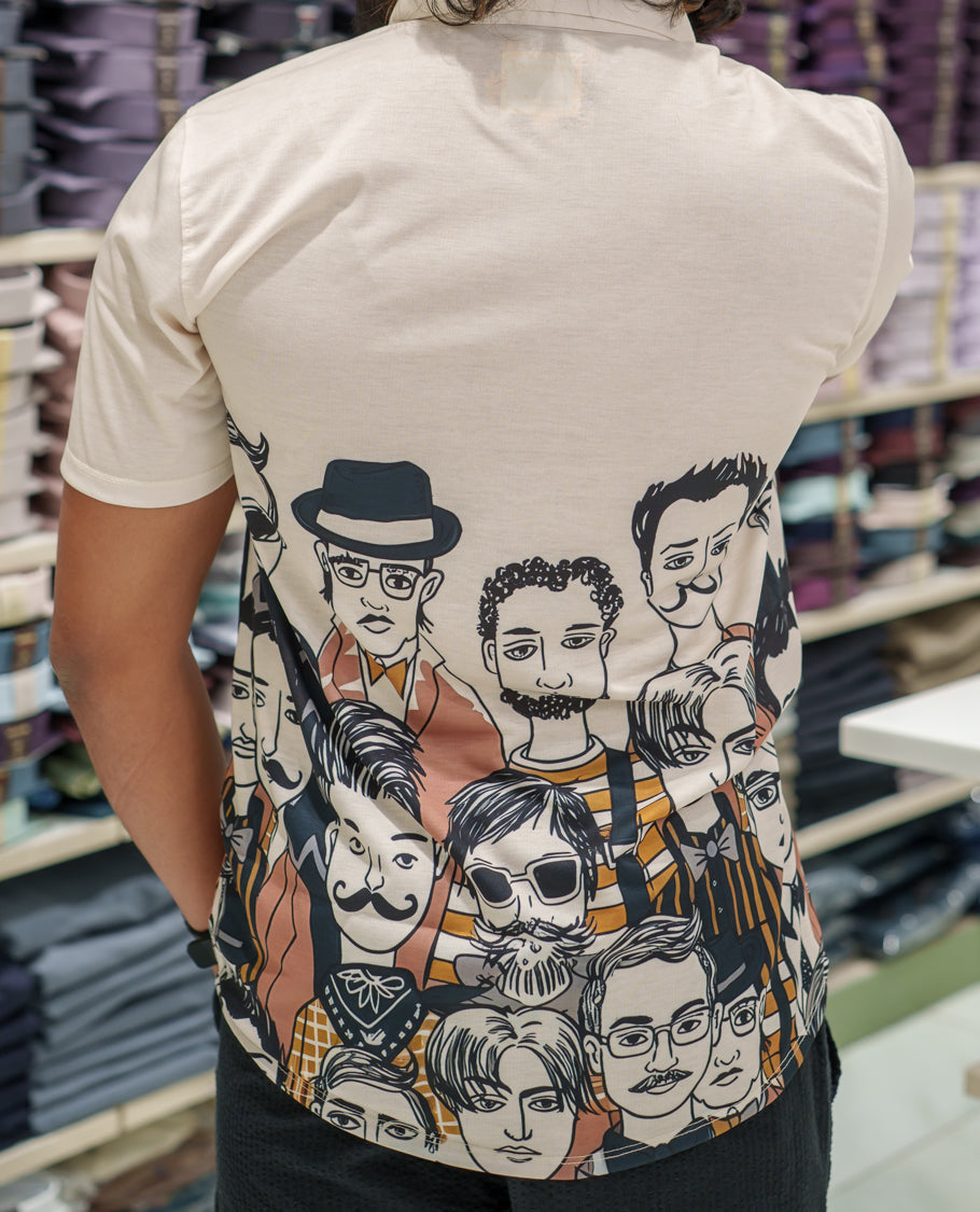 White Cotton-Blended Casual Shirt Comes with Human Figurines Print, Spread Collar, Half Sleeves, Regular Fit, and Regular Length