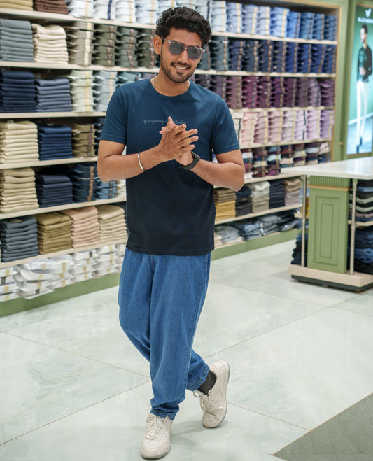 Navy Cotton-Blended Ombre-Dyed T-Shirt Comes with Typographic Print, Crew Neck, Half Sleeves, Slim Fit, and Regular Length