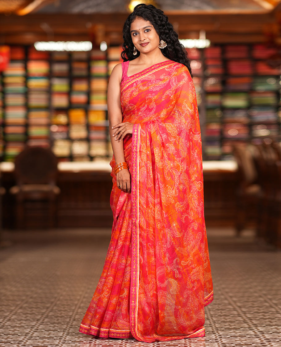 Rani Pink Chiffon Saree, Steeped in Richness of Paisleys, a Subtle Border, a Contrast Blouse