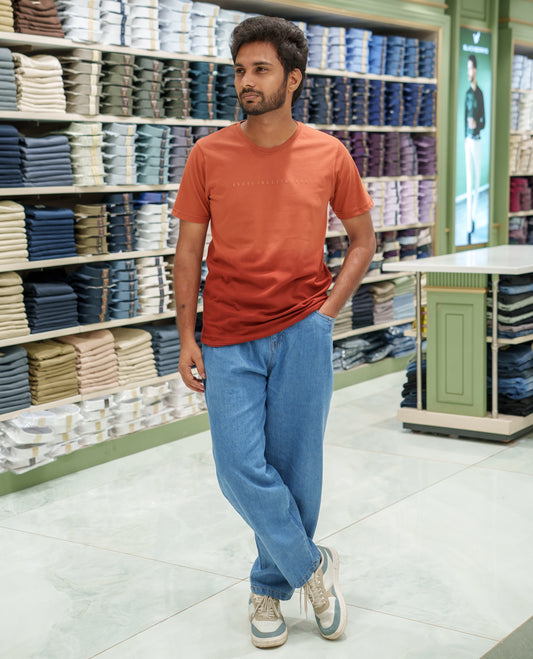 Orange Cotton-Blended Ombre-Dyed T-Shirt Comes with Typographic Print, Crew Neck, Half Sleeves, Slim Fit, and Regular Length
