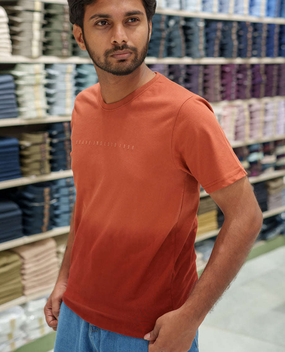 Orange Cotton-Blended Ombre-Dyed T-Shirt Comes with Typographic Print, Crew Neck, Half Sleeves, Slim Fit, and Regular Length
