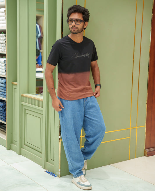 Black Cotton-Blended Ombre-Dyed T-Shirt Comes with Typographic Print, Crew Neck, Half Sleeves, Slim Fit, and Regular Length